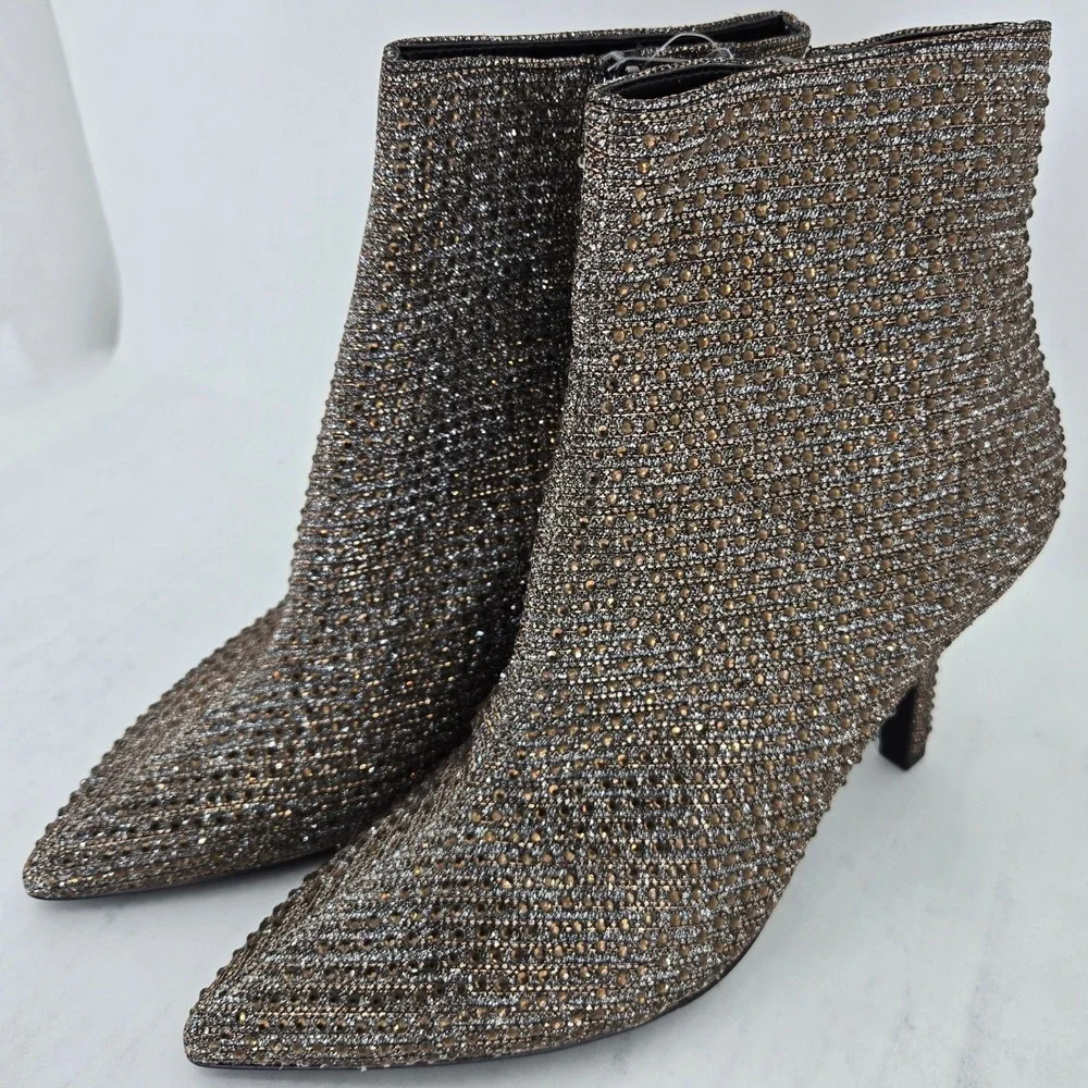 Michael Kors Women Bronze‎ Crystal Embellished Pointed Toe Ankle Boots Size 7M